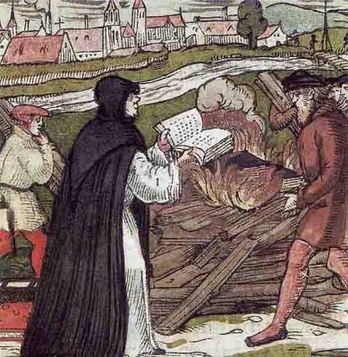 Мартин Лютер сжигает буллу, гравюра на дереве, 1557.jpg