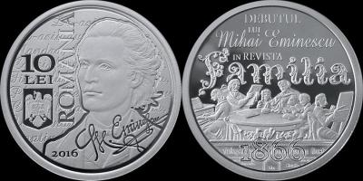 25 февраля 1866 года состоялся литературный дебют Михая Эминеску в журнале «Семья» (Румыния, 10 лей 2016).jpg