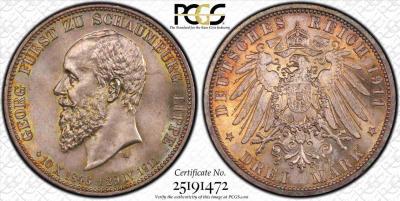 Шаумбург Липпе. 3 марки 1911 года. PCGS MS65..jpg