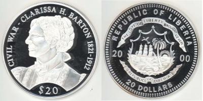 21 мая 1881 года — основан Американский Красный Крест (Liberia $20 2000 CIVIL WAR - CLARISSA H. BARTON 1821-1912 Gem Proof silver coin).jpg