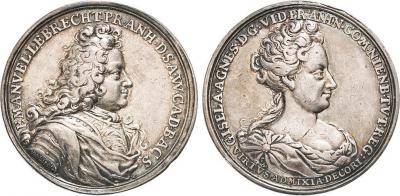 20 мая 1671 Эмануэль Лебрехт. Anhalt-Köthen Leopold unter Vormundschaft von Gisela Agnes 1704-1728. Silbermedaille 1704 (Chr. Wermuth). Auf den Tod seines Vaters Emanuel Lebrecht. 43,9 mm, 28,74 g..jpg