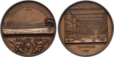 1 мая 1851 года Всемирная выставка. Хрустальный дворец.  London Bronzemedaille 1851 (J. AllenJ. Moore) Erinnerungsmedaille. Ansicht des Kristallpalastes. 38,8 mm, 29,34 g.jpg