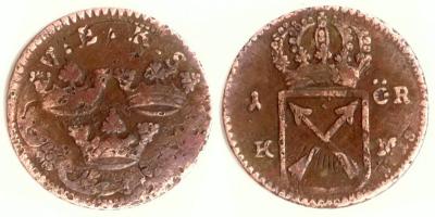 Швеция 1 эре (K.M.) (1719) KM-364.1 перечекан с Daler 1718 (KM-359).jpg