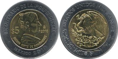 8 сентября 1768 года родилась Josefa Ortiz de Domínguez (Мехико 5 песо 2010 год).jpg