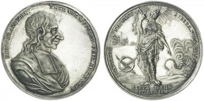 NIEDERLANDE. AMSTERDAM. Stadt. Satirische Silbermedaille o. J. (1698), unsigniert, auf den Prediger und Hexentheoretiker Balthasar Bekker. Brustbild r.Weibliche Personifikatio.jpg