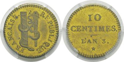 France Convention (1792-1795) Epreuve en laiton du 3 centimes - An 3 Rarissime..jpg