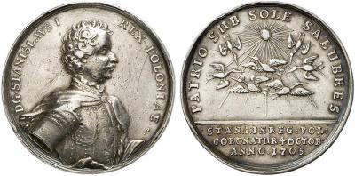 4 октября 1705 года коронация Станислав Лещинский Silbermedaille 1705, unsigniert, auf die Krönung des Gegenkönigs Stanislas Leszczynski 47,41 mm; 29,98 g.jpg