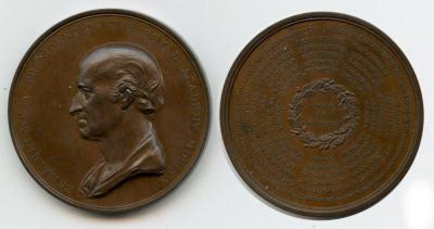 10 октября 1738 года родился Бенджамин Уэст (1815 Benjamin West, American-born President of the Royal Academy, copper medal, 41mm).jpg