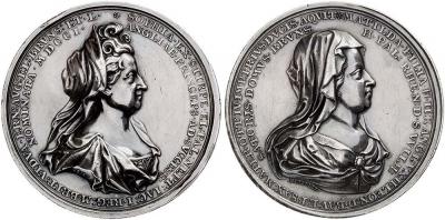 14 октября 1630 года родилась София Ганноверская (Silbermedaille 1701, von S. Lambelet, auf die Nachfolge seiner Mutter Sophia von der Pfalz auf den englischen Thron. 65,31 mm; 130,86 g.).jpg