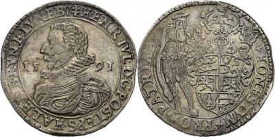 15 октября 1564 года родился Генрих Юлий Брауншвейг (Niedersachsen Braunschweig-Lüneburg-Wolfenbüttel, Herzogtum Heinrich Julius, 1589-1613 Bischof von Halberstadt Reichstaler 1591, 29.03 g).jpg