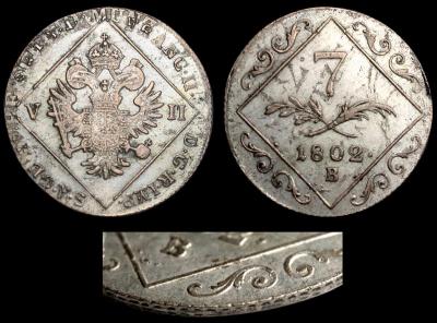 Австро-Венгрия 7 крейцеров 1802 В перечекан 12 кр 1795.jpg