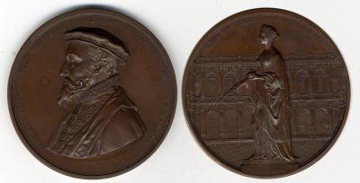 28 октября 1844 года королева Виктория открыла новое здание Королевской биржи (1844 Sir Thomas Gresham, The Opening of the new Royal Exchange, copper medal, 74mm).jpg