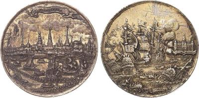 29 октября 1658 года Сражение в Эресунне. Frederik III. 1648-1670 Vergoldete Silbermedaille o.J. (1658) (J. Hercules) Seeschlacht im Öresund (1658). 46,23 mm, 35,20 g.jpg
