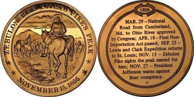 15 ноября 1806 года Зебулон Пайк открыл Скалистые горы MEDAL 1969 Franklin Mint Zebulon Pike Sight Pike's Peak (Bronze) 45mm.jpg