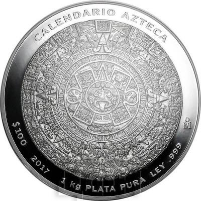 Мексика $ 100 2017 год «Календарь ацтеков» пруф (реверс).jpg