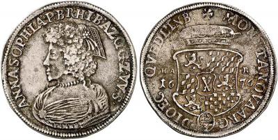 2 апреля 1619 Анна София Цвейбрюккен-Биркенфельдская. QUEDLINBURG. ABTEI. Anna Sophia von Pfalz-Birkenfeld, 1645-1680. 2.3 Taler 1676.jpg