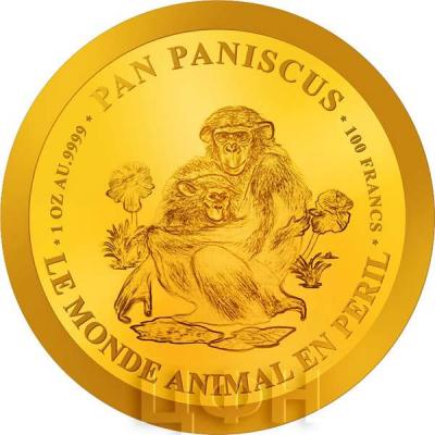 Бурунди 100 франков 2018 «PAN PANISCUS. LE MONDE ANIMAL PERIL. 1 OZ AU .9999» (реверс).jpg