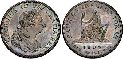 IRELAND. George III. 1760-1820. Proof CU 6 Shilling Token(41mm, 24.40 g, 12h). Bank of Ireland coinage(Birmingham) 1804..jpg