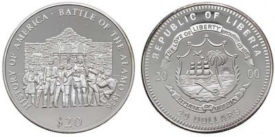 23 февраля 1836 года Битва за Аламо (REPUBLIC OF LIBERIA 20 DOLLARS 2000 Battle of the Alamo. Silver (.999). 20.17 g. 40.3 mm).jpg