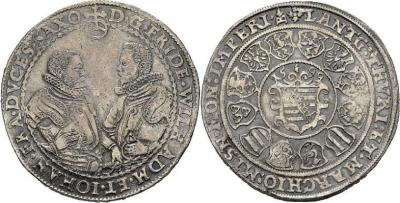 25 апреля 1562 года родился Фридрих Вильгельм I (герцог Саксен-Веймара) Friedrich Wilhelm I. und Johann III., 1573-1602 Reichstaler 1599, Dav. 9779 Koppe 109 c Schnee 252 28.67 g..jpg