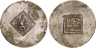 KROATIEN. ZADAR (ital. ZARA). Unter französischer Herrschaft. 4 Francs 60 Centimes (1 Once) 1813, geprägt während der Belagerung durch österreichische Truppen. Brause-Mansfeld Tf. 42, 2; Dav. 49.jpg