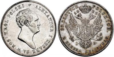 ZAR ALEXANDER I., 1801-1825.10 Zlotych 1823, Warschau, 30,94 g. für Polen. Bitkin 822 (R); Dav. 248 (dort unter Polen). RR Nur 1.124 Exemplare geprägt. Fast vorzüglich (4000ev).jpg