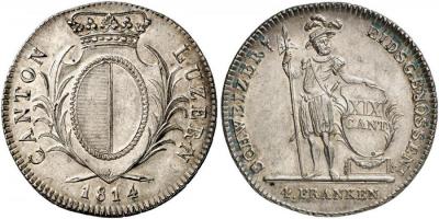 SCHWEIZ. LUZERN. Kanton. 4 Franken(Neutaler) 1814, Luzern. 29,35 g. Dav. 364.jpg