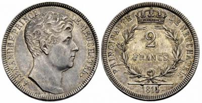 Alexandre Berthier, Prince de Neuchâtel, 1806-1814. 2 Francs 1814..jpg