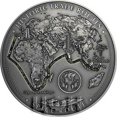 Камерун 5000 франков 2019 год «Spice Road Historic Trade Routes 5 Oz Silver Coin 5000 Francs Cameroon 2019» (реверс).jpg