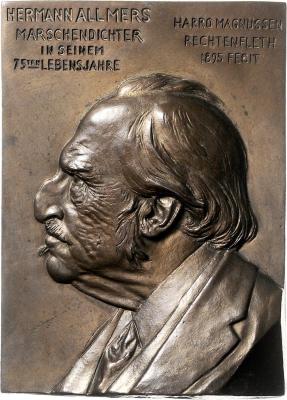 11 февраля 1821 года родился Герман Людвиг Аллмерс (Einseitige Bronzeplakette 1895, von Magnussen, Rechtenfleth.Auf den Marschendichter Hermann Allmers, 105 x 76 mm).jpg