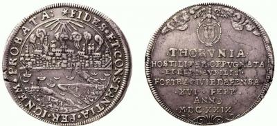 16 февраля 1629 осада Торунь (осадный талерToruń przez nieprzyjaciół oblężony przy bożej pomocy mężnie przez obywateli obroniony d. 16 lutego 1629.).jpg