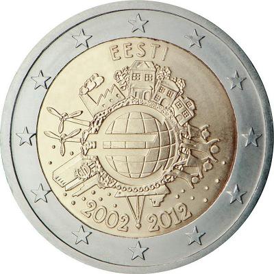 2012, 2 евро Эстония, памятная монета - 10 лет наличному обращению евро.jpg