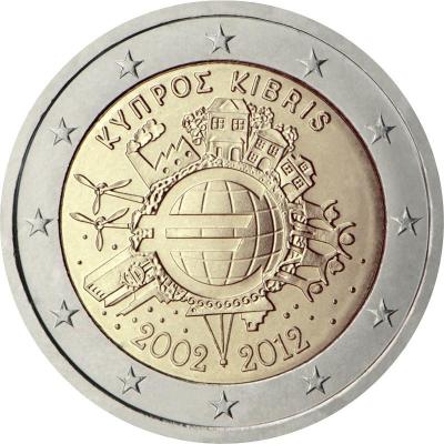 2012, 2 евро Кипр, памятная монета - «10 лет наличному обращению евро».jpg