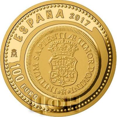 2017, 100 евро Испания, памятная монета - «Дублон Филиппа V», серия «Сокровища нумизматики» (аверс).jpg