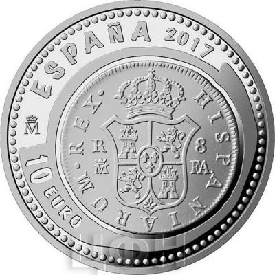 2017, 10 евро Испания, памятная монета - «8 реалов Карлоса IV», серия «Сокровища нумизматики» (аверс).jpg