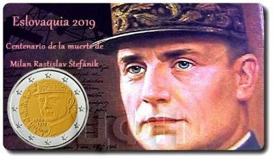 2019, 2 евро Словакия, памятная монета - «100 лет со дня смерти Милана Растислава Штефаника».jpg