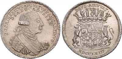 8 августа 1734 Фридрих Август (князь Ангальт-Цербста) П.с. Friedrich August 1747-1793. 2-3 Taler 1763, Zerbst..jpg