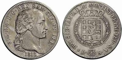 27 июля  Эммануил I Italy - Sardinia 5 Lire 1819, Vittorio Emanuele I 1802-1821, KM 113, Silver 37 mm, weight 25,0 g..jpg