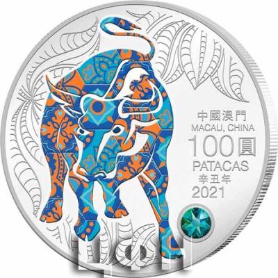 «Macau Lunar Ox 5 oz 999 Fine Silver Proof Colour Coin with Swarovski Crystal» 1.jpg