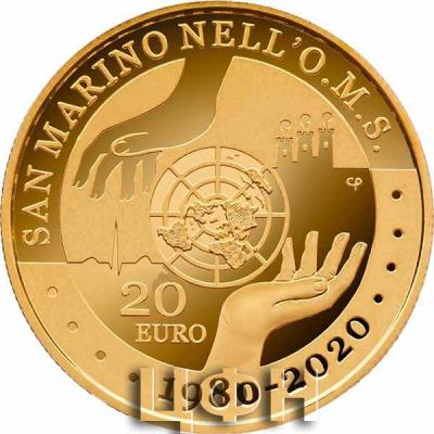 «2020, 20 евро Сан-Марино, памятная монета - «50 лет вступления во Всемирную организацию здравоохранения».jpg