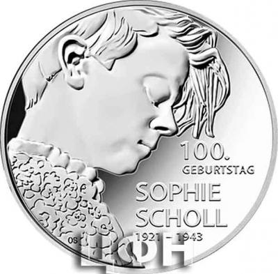 2021, 20 евро Германия, памятная монета - «100. GEBURTSTAG SOPHIE SCHOLL»..jpg