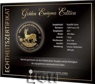 «1 Unze Silber Gabun Springbock 2021 Golden Enigma Edition».jpg