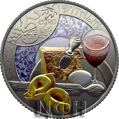 2021, 5 евро Италия, памятная монета - «Ламбруско и Тортеллини». Серия «Итальянская культура еды и вина».jpg