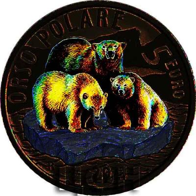 2021, 5 евро Италия, памятная монета - «Полярный медведь». Серия « Устойчивый мир - Вымирающие животные».jpg