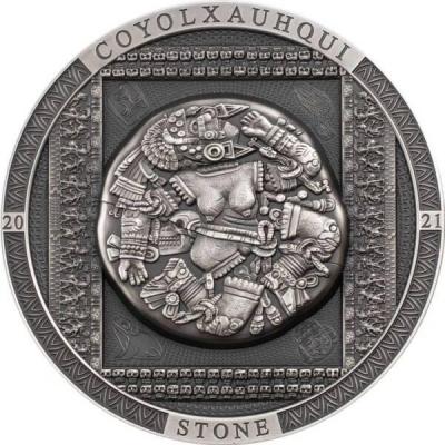 «COYOLXAUHQUI STONE Antiqued Archeology Symbolism 3 Oz Silver Coin 20$ Cook Island 2021»..jpg