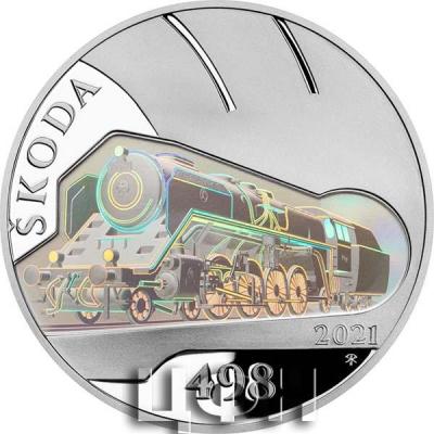 «Stříbrná mince 500 Kč s hologramem - Parní lokomotiva Škoda 498 Albatros proof (ČNB 2021)».jpg