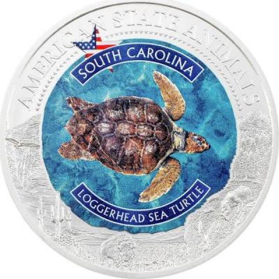 «5 Dollars SOUTH CAROLINA LOGGERHEAD SEA TURTLE Graded MS70 American State Animals 1 Oz Silver Coin 5$ Cook Islands 2021 Proof».JPG