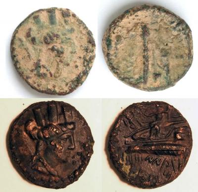 Финикия- Арад.-Turreted head of Tyche right, palm branch over shoulder  Poseidon seated left on ship's prow, holding wreath and trident.jpg