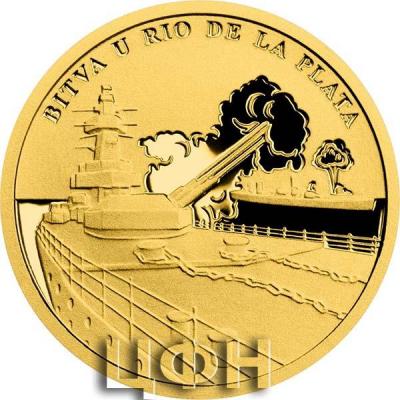 «Zlatá mince Válečný rok 1939 - Bitva u Rio de La Plata proof».jpg