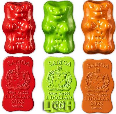 «1 Dollar HARIBO GOLDBEARS 3D Shaped Set 6 Silver Coins 1$ Samoa 2022 Prooflike.».jpg